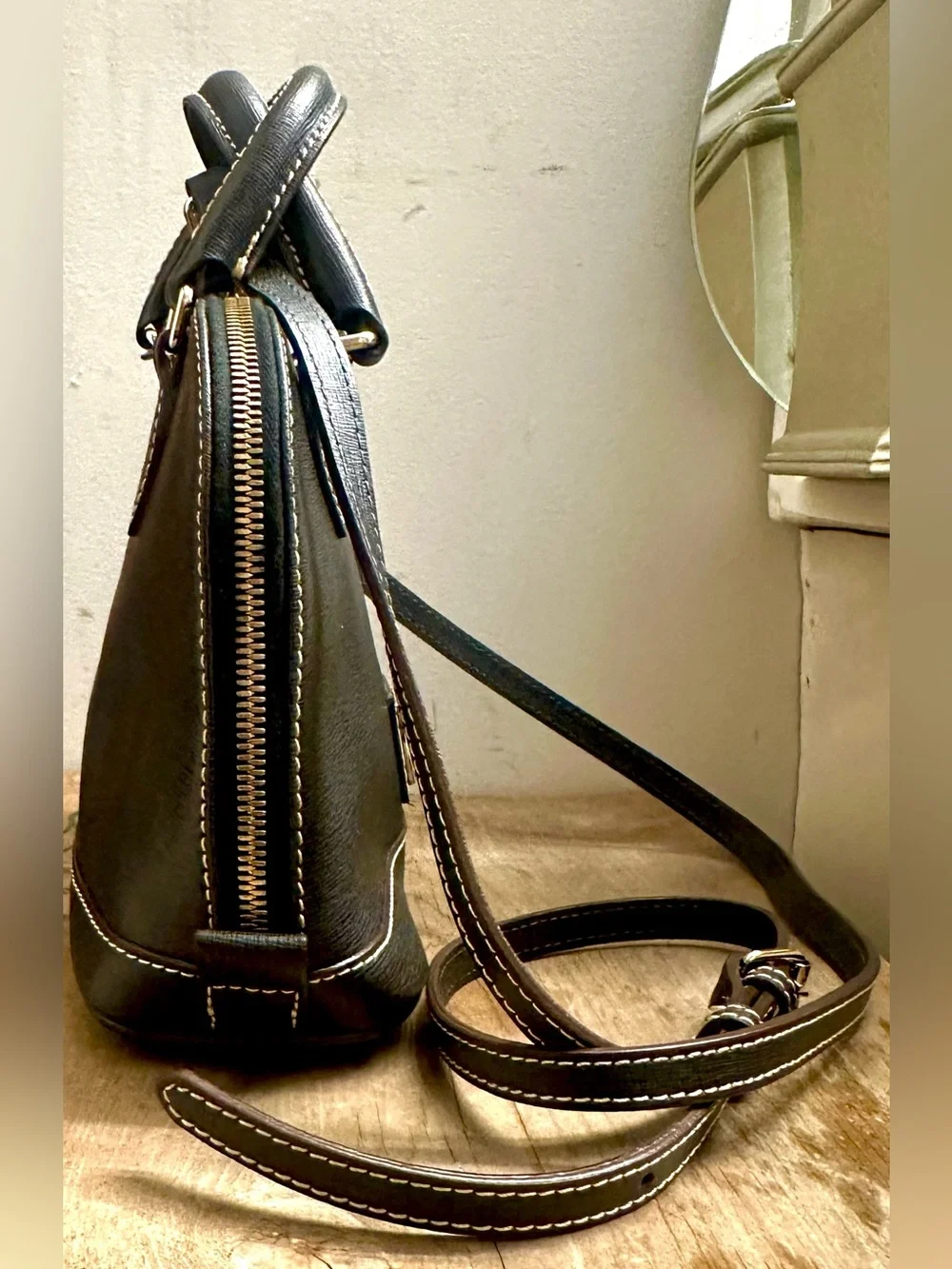 Dooney & Bourke Black Leather Dome Satchel with Crossbody Strap